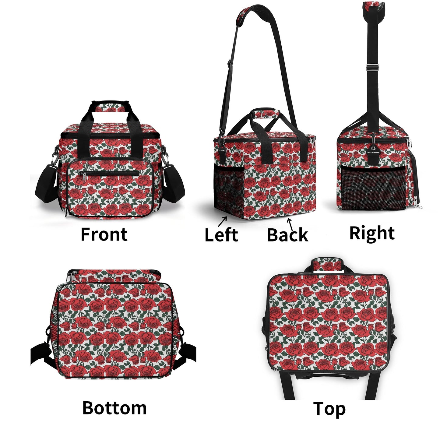 Red Leafy Roses Insulated Leakproof Cooler Bag Lunch Box