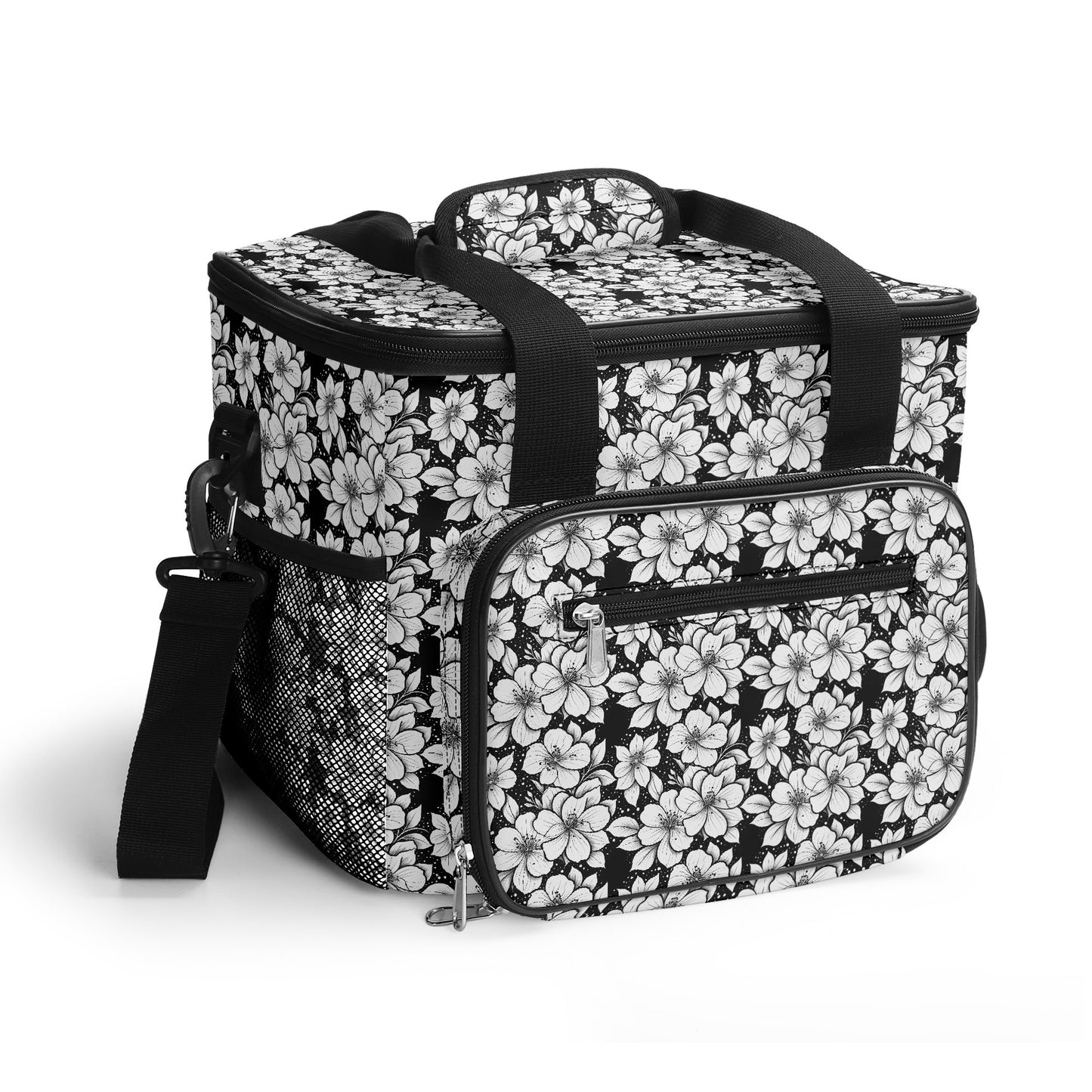 Black and White Floral Insulated Leakproof Cooler Bag Lunch Box