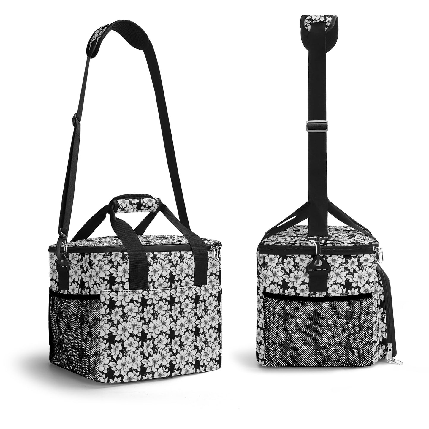 Black and White Floral Insulated Leakproof Cooler Bag Lunch Box