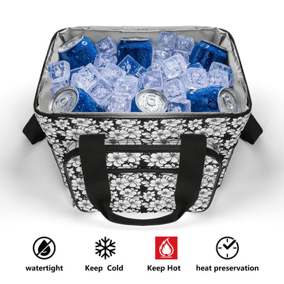 Black and White Floral Insulated Leakproof Cooler Bag Lunch Box