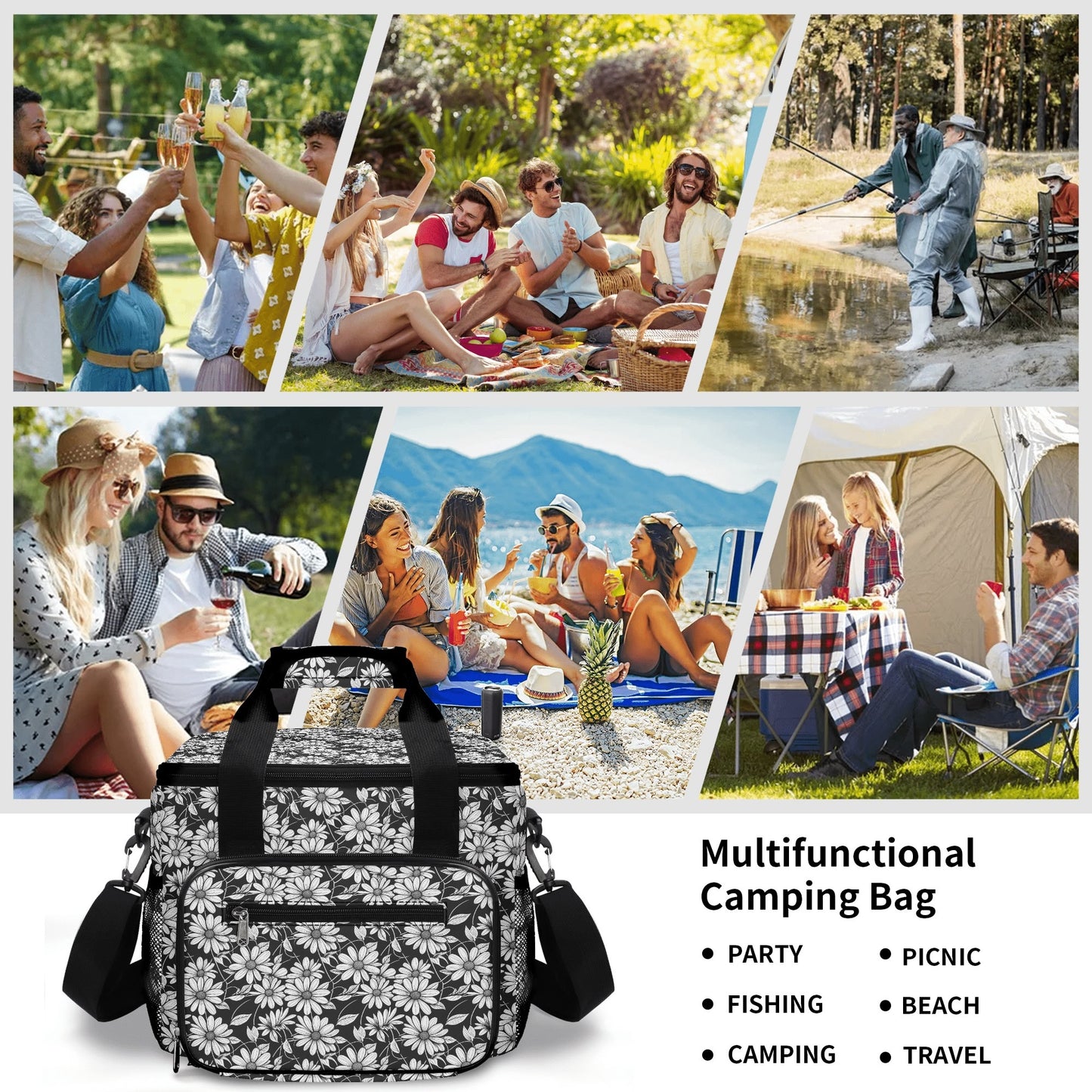 Black and White Daisys Insulated Leakproof Cooler Bag Lunch Box