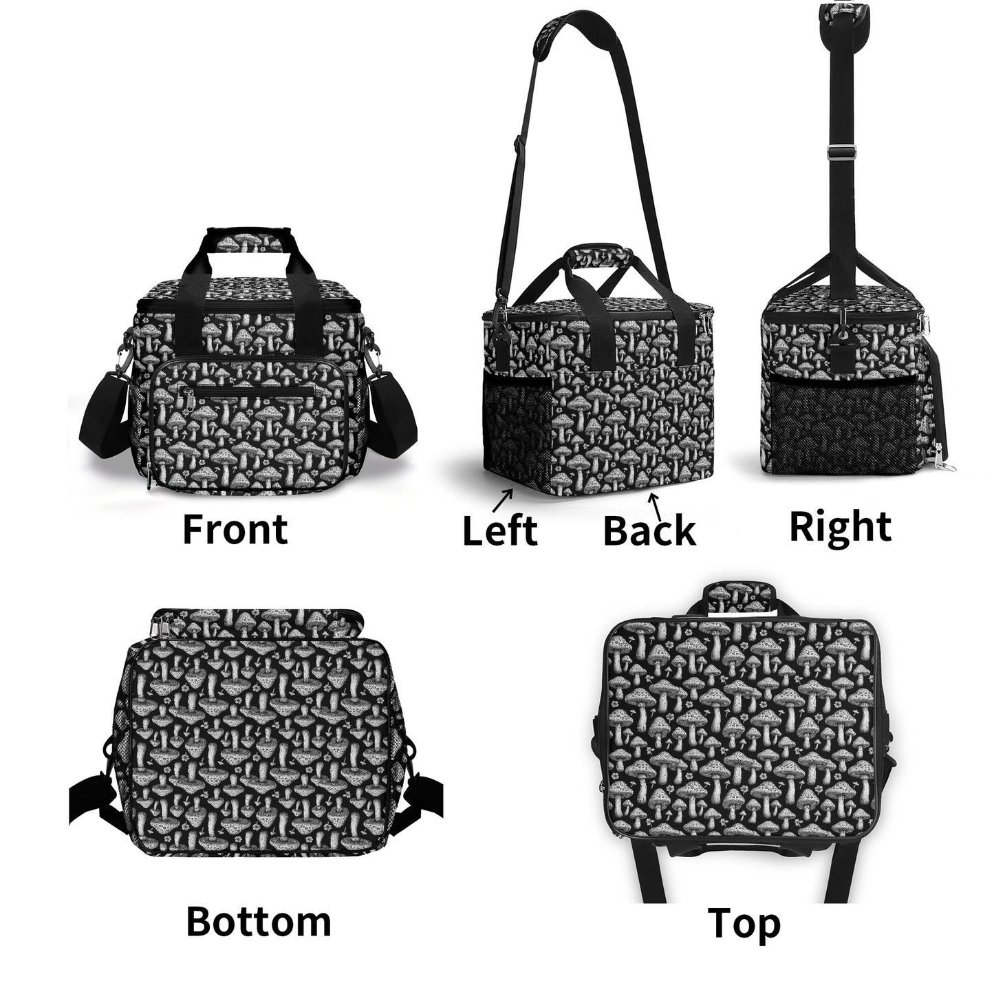 Black and White Mushrooms Insulated Leakproof Cooler Bag Lunch Box