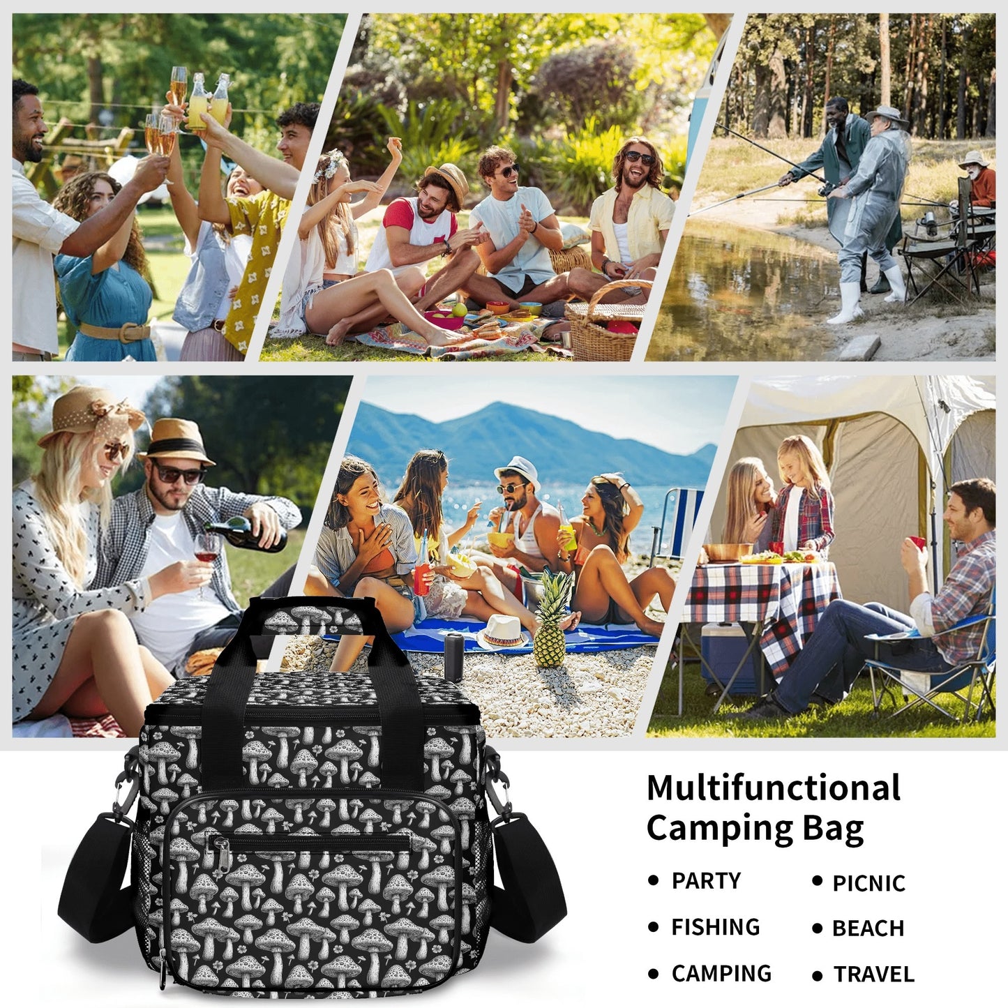 Black and White Mushrooms Insulated Leakproof Cooler Bag Lunch Box