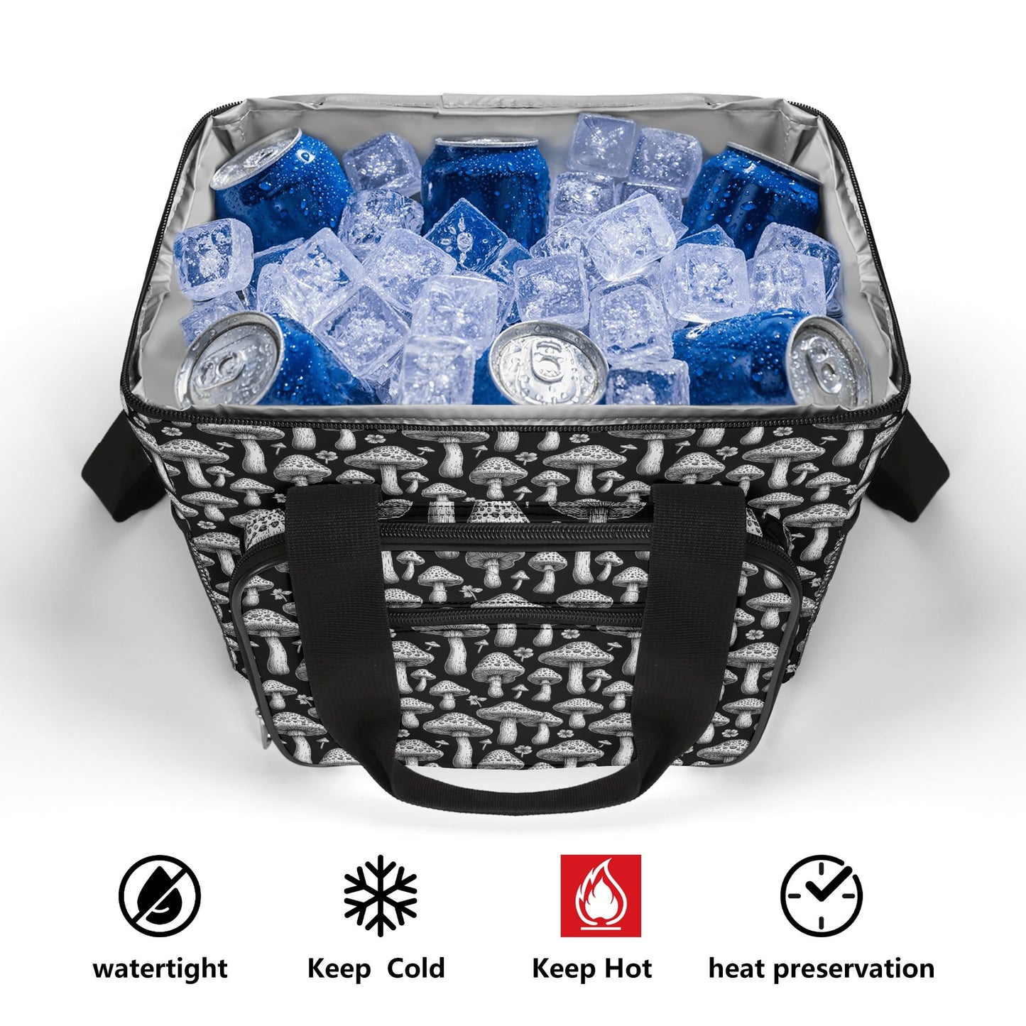 Black and White Mushrooms Insulated Leakproof Cooler Bag Lunch Box