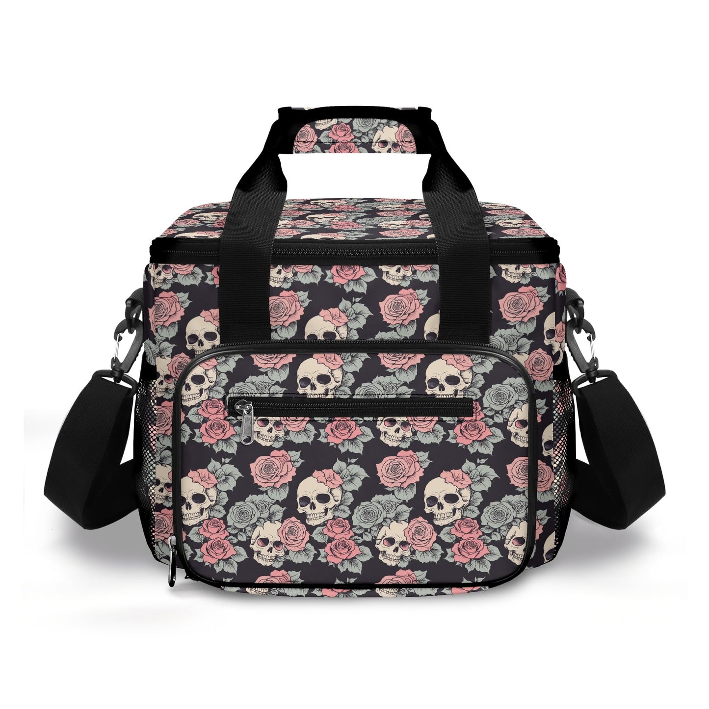Skull and Pink Rose Insulated Leakproof Cooler Bag Lunch Box