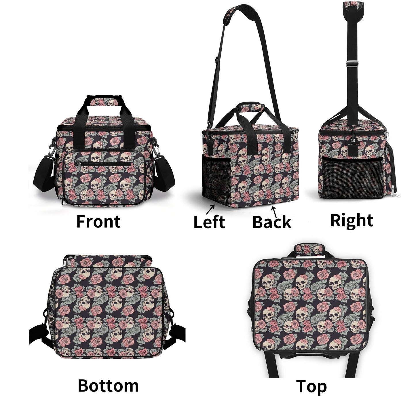 Skull and Pink Rose Insulated Leakproof Cooler Bag Lunch Box