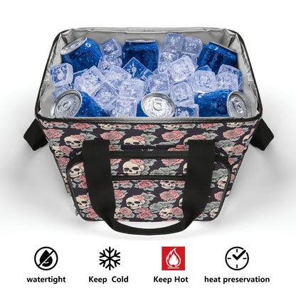 Skull and Pink Rose Insulated Leakproof Cooler Bag Lunch Box