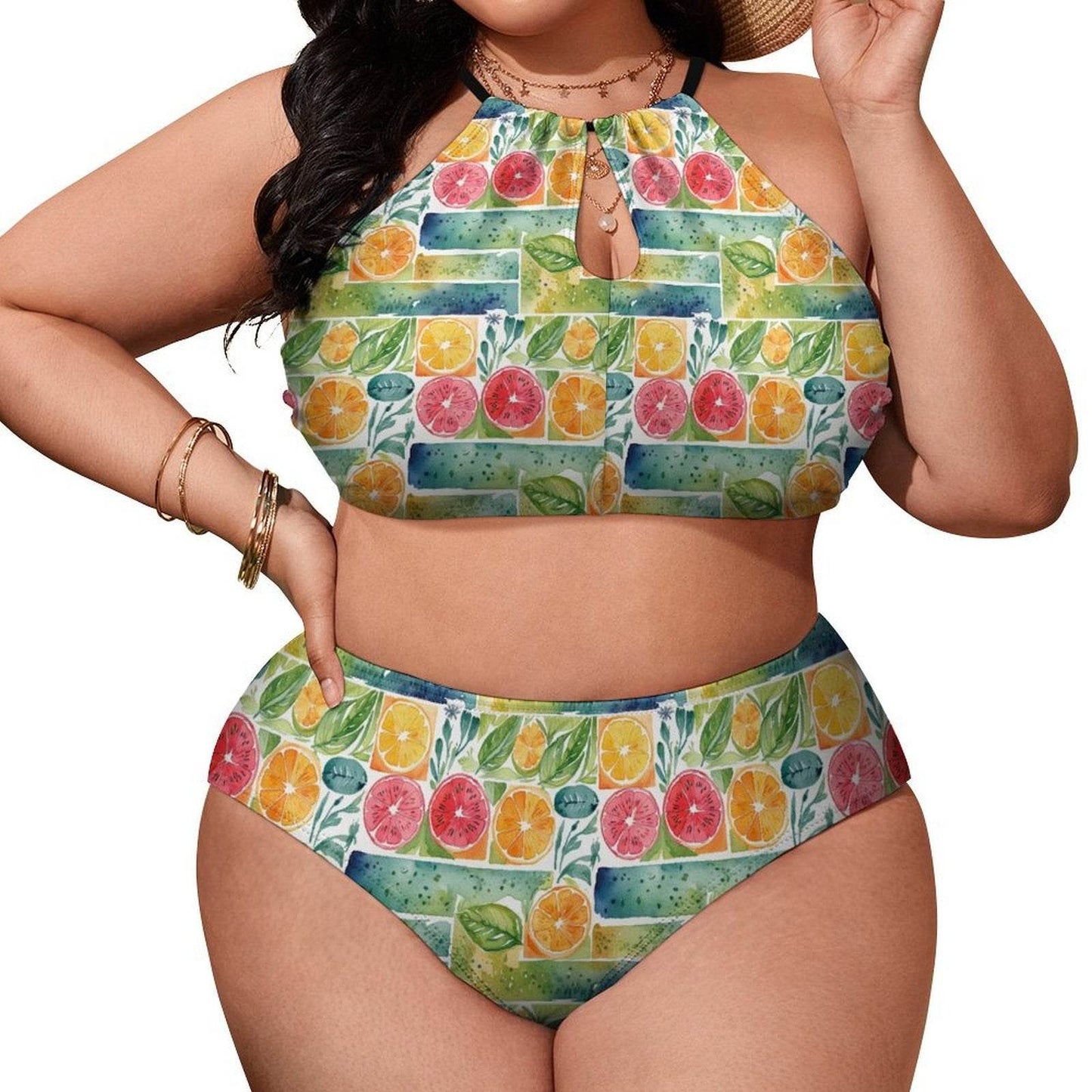 Plus Size Watercolor Fruit Two-piece Swimsuit - DeRose Seasonal
