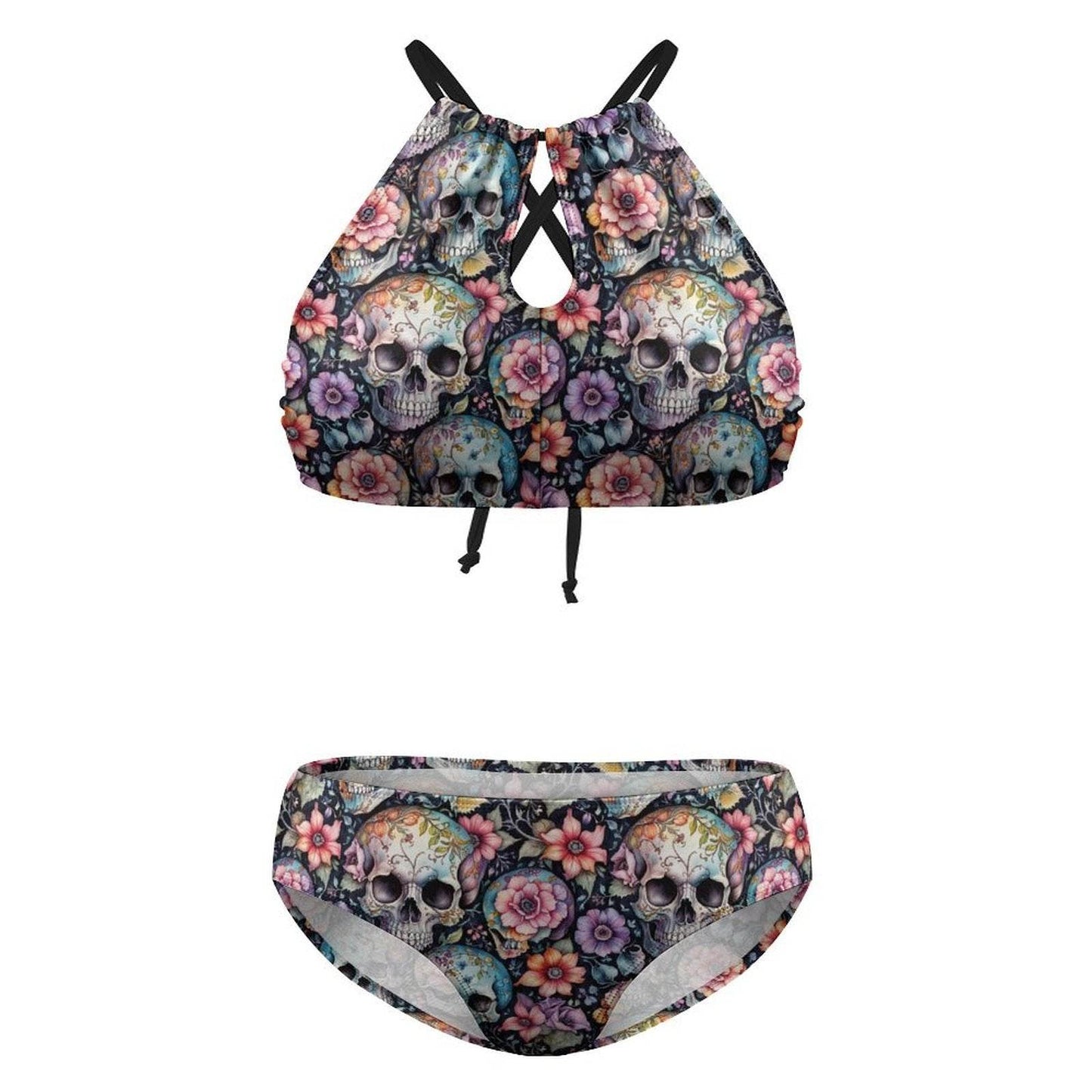 Plus Size Pastel Floral and Skulls Two-piece Swimsuit - DeRose Seasonal