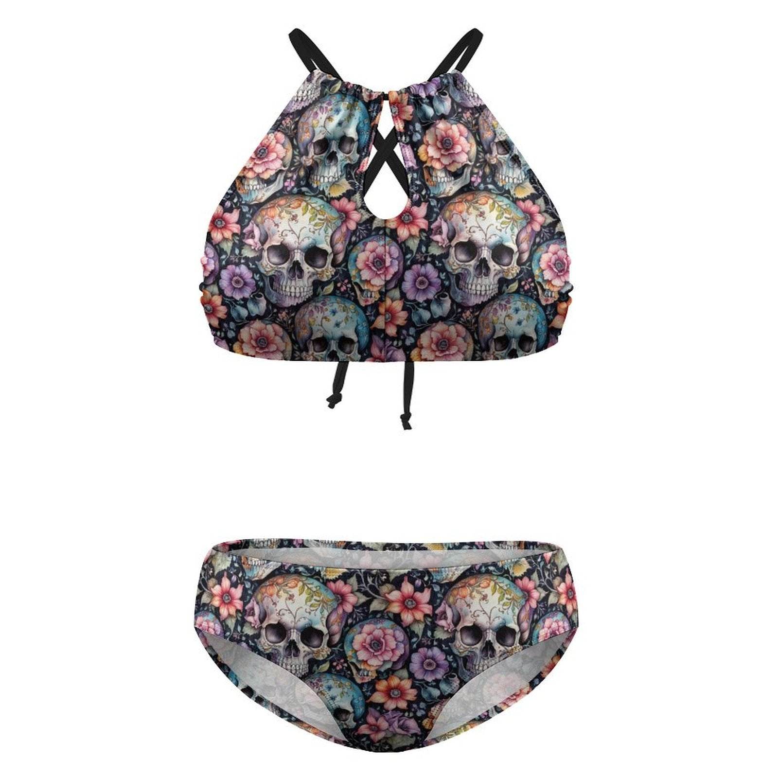 Plus Size Pastel Floral and Skulls Two-piece Swimsuit - DeRose Seasonal