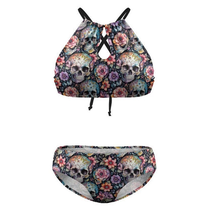 Plus Size Pastel Floral and Skulls Two-piece Swimsuit - DeRose Seasonal