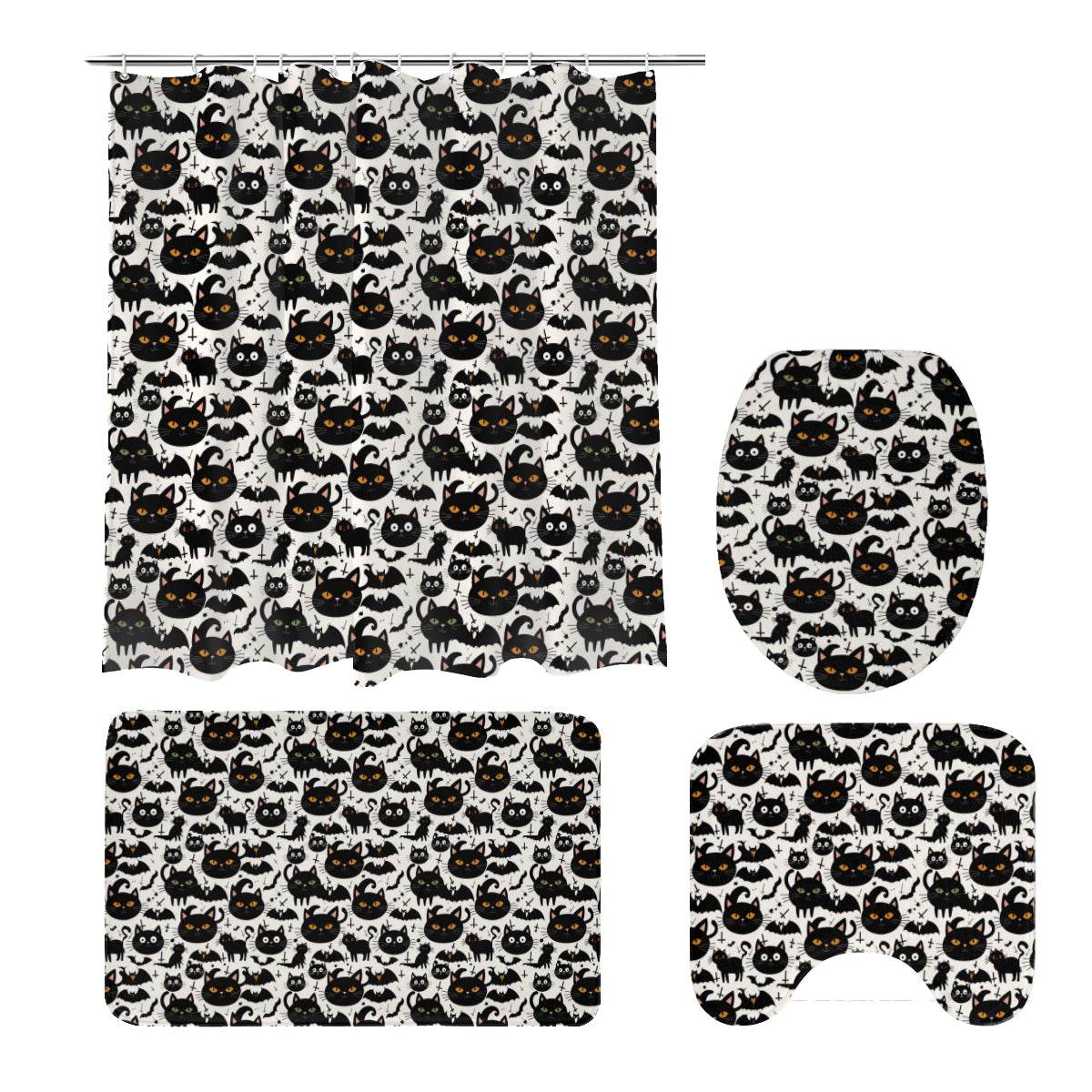 Crazy Cat Lady Bathroom Four-Piece Set(Shower Curtain + Toilet Cover Mat + Toilet Foot Mat + Floor Mat)| Polyester - DeRose Seasonal