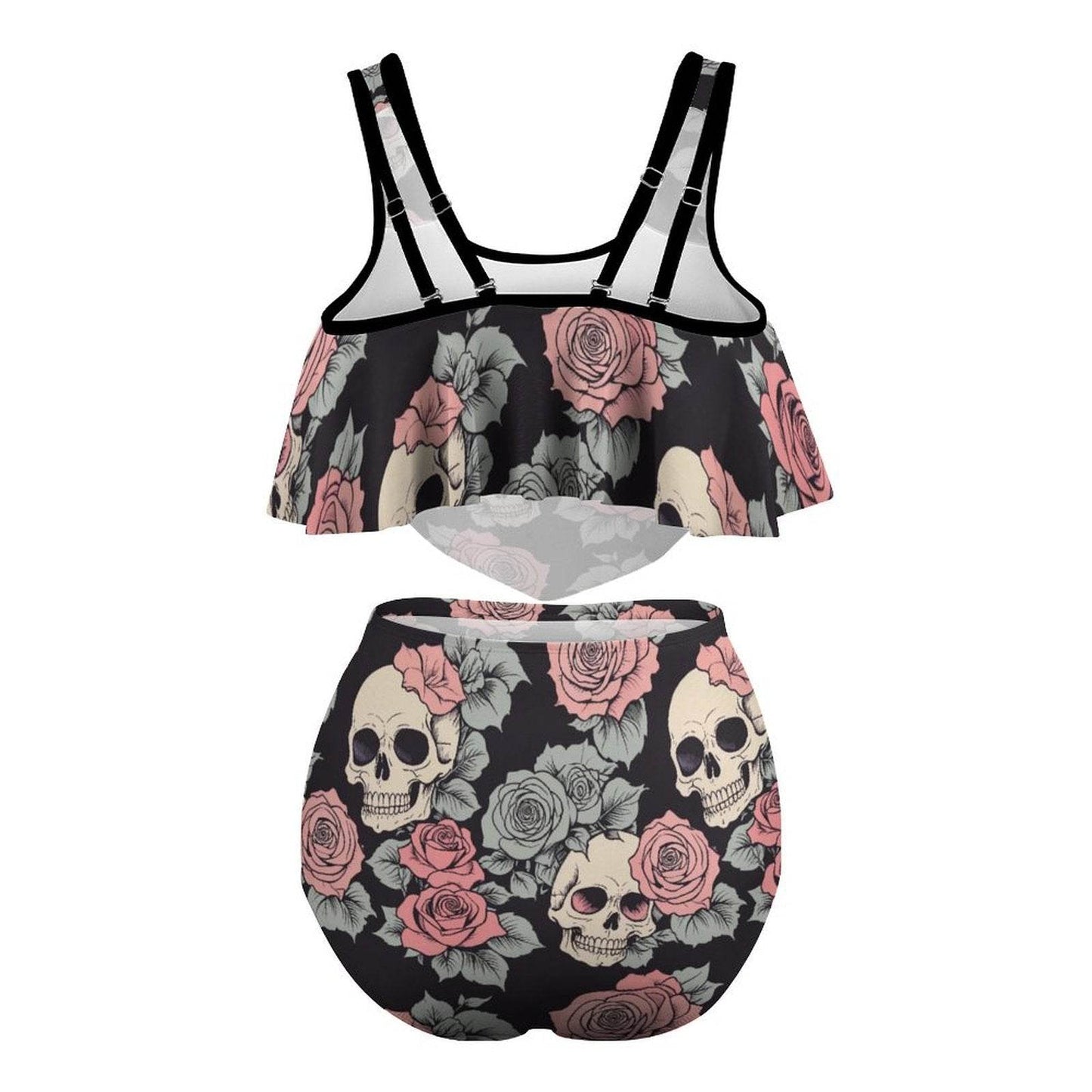 Plus Size Skull and Pink Rose Two-piece Swimsuit - DeRose Seasonal