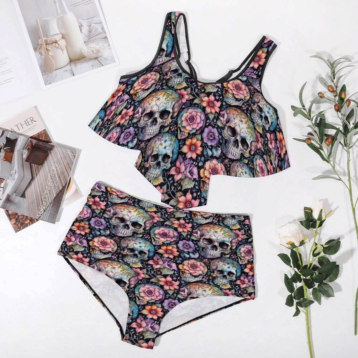 Plus Size Pastel Floral and Skulls Two-piece Swimsuit - DeRose Seasonal