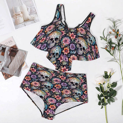 Plus Size Pastel Floral and Skulls Two-piece Swimsuit - DeRose Seasonal