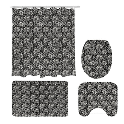 Black and White Bloom Bathroom Four-Piece Set(Shower Curtain + Toilet Cover Mat + Toilet Foot Mat + Floor Mat)| Polyester - DeRose Seasonal