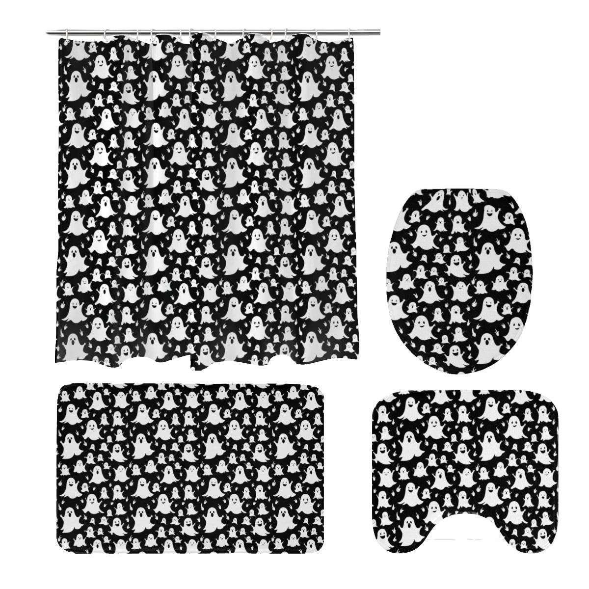 Spooky Ghost Bathroom Four-Piece Set(Shower Curtain + Toilet Cover Mat + Toilet Foot Mat + Floor Mat)| Polyester - DeRose Seasonal