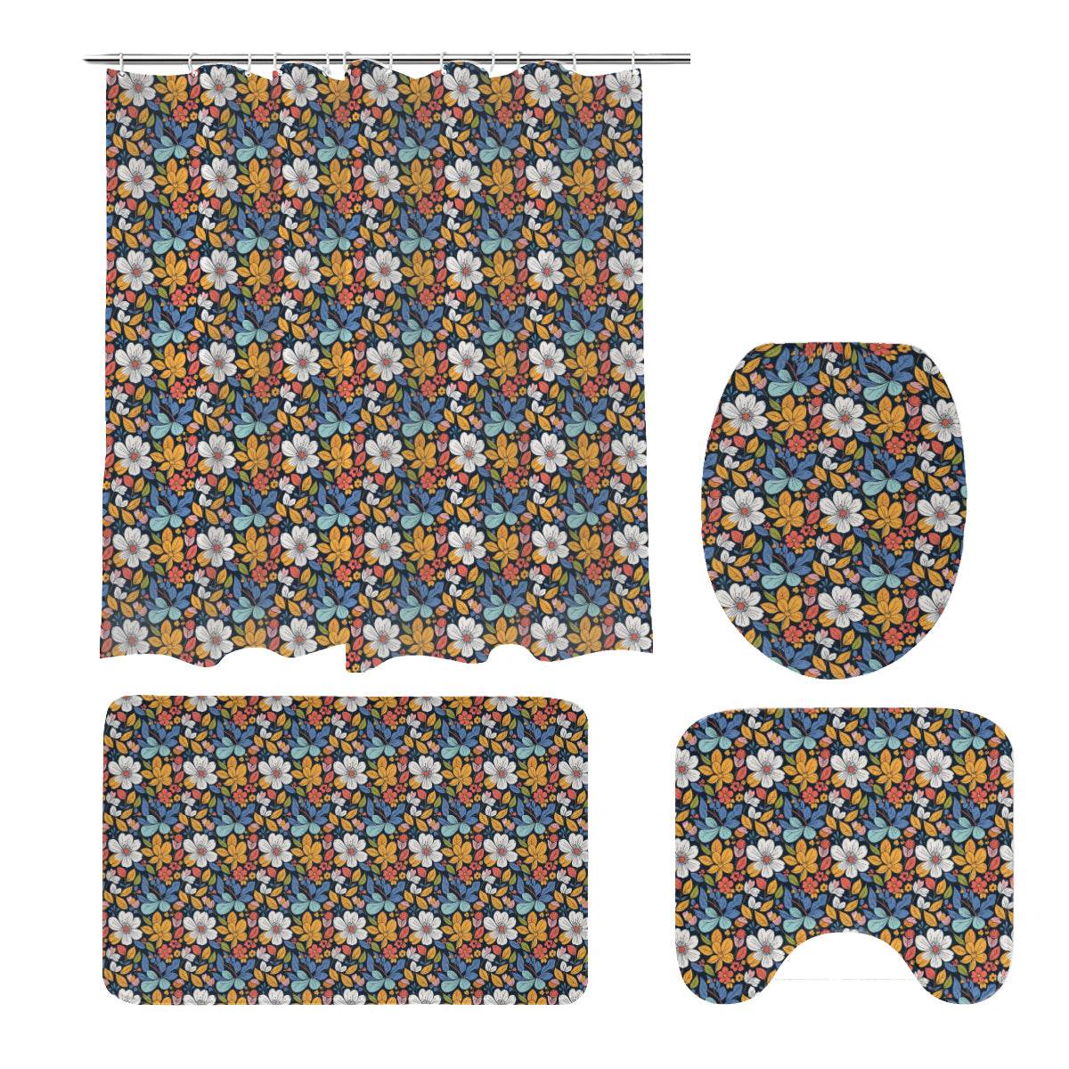 Bright Flowers Bathroom Four-Piece Set(Shower Curtain + Toilet Cover Mat + Toilet Foot Mat + Floor Mat)| Polyester - DeRose Seasonal