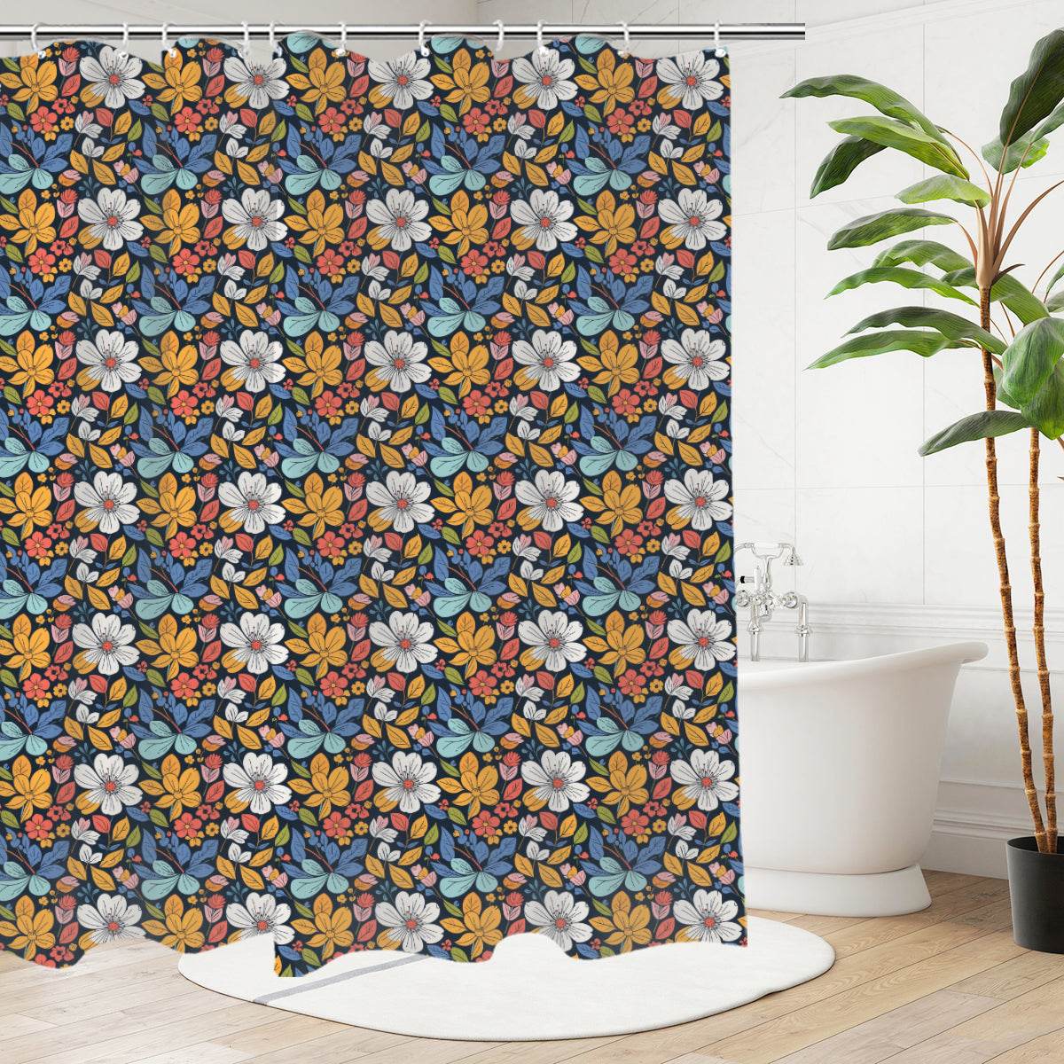 Bright Flowers Bathroom Four-Piece Set(Shower Curtain + Toilet Cover Mat + Toilet Foot Mat + Floor Mat)| Polyester - DeRose Seasonal