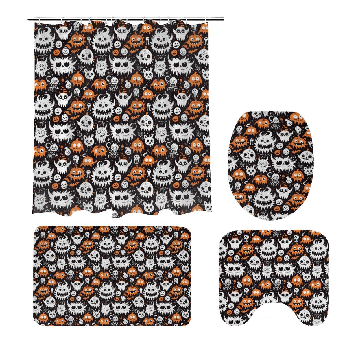 Cute Monsters Bathroom Four-Piece Set(Shower Curtain + Toilet Cover Mat + Toilet Foot Mat + Floor Mat)| Polyester - DeRose Seasonal