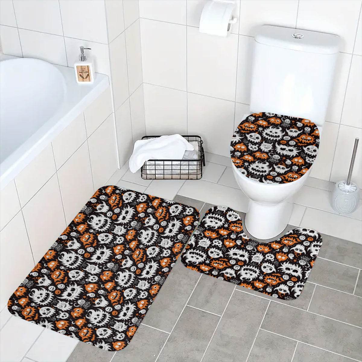 Cute Monsters Bathroom Four-Piece Set(Shower Curtain + Toilet Cover Mat + Toilet Foot Mat + Floor Mat)| Polyester - DeRose Seasonal