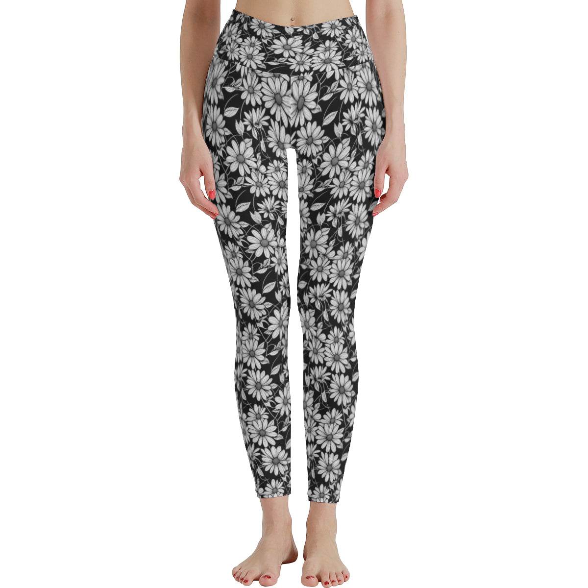 Black and White Daisy Women's Polyester Yoga pants Leggings - DeRose Seasonal