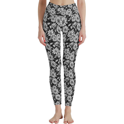 Black and White Daisy Women's Polyester Yoga pants Leggings - DeRose Seasonal