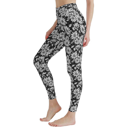 Black and White Daisy Women's Polyester Yoga pants Leggings - DeRose Seasonal