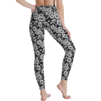 Black and White Daisy Women's Polyester Yoga pants Leggings - DeRose Seasonal