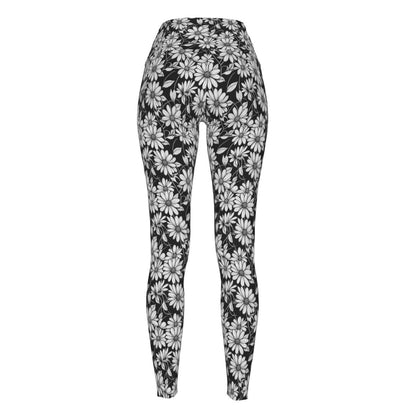 Black and White Daisy Women's Polyester Yoga pants Leggings - DeRose Seasonal