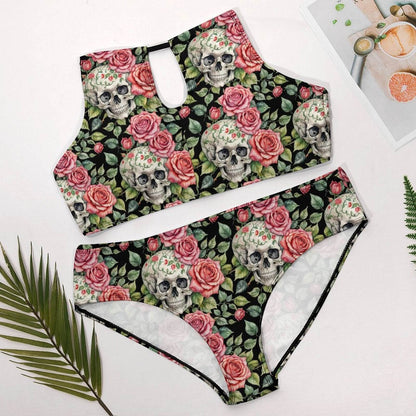 Plus Size Pink Skulls Two-piece Swimsuit - DeRose Seasonal