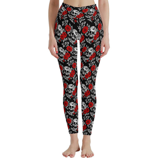Red Skull Rose Women's Polyester Yoga pants Leggings - DeRose Seasonal