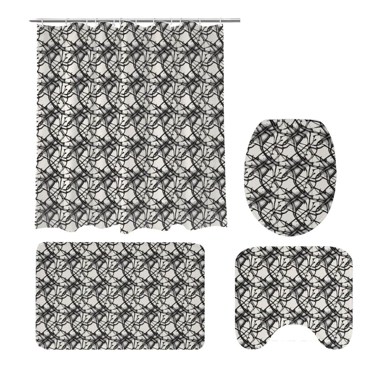 Floral Ink Bathroom Four-Piece Set(Shower Curtain + Toilet Cover Mat + Toilet Foot Mat + Floor Mat)| Polyester - DeRose Seasonal