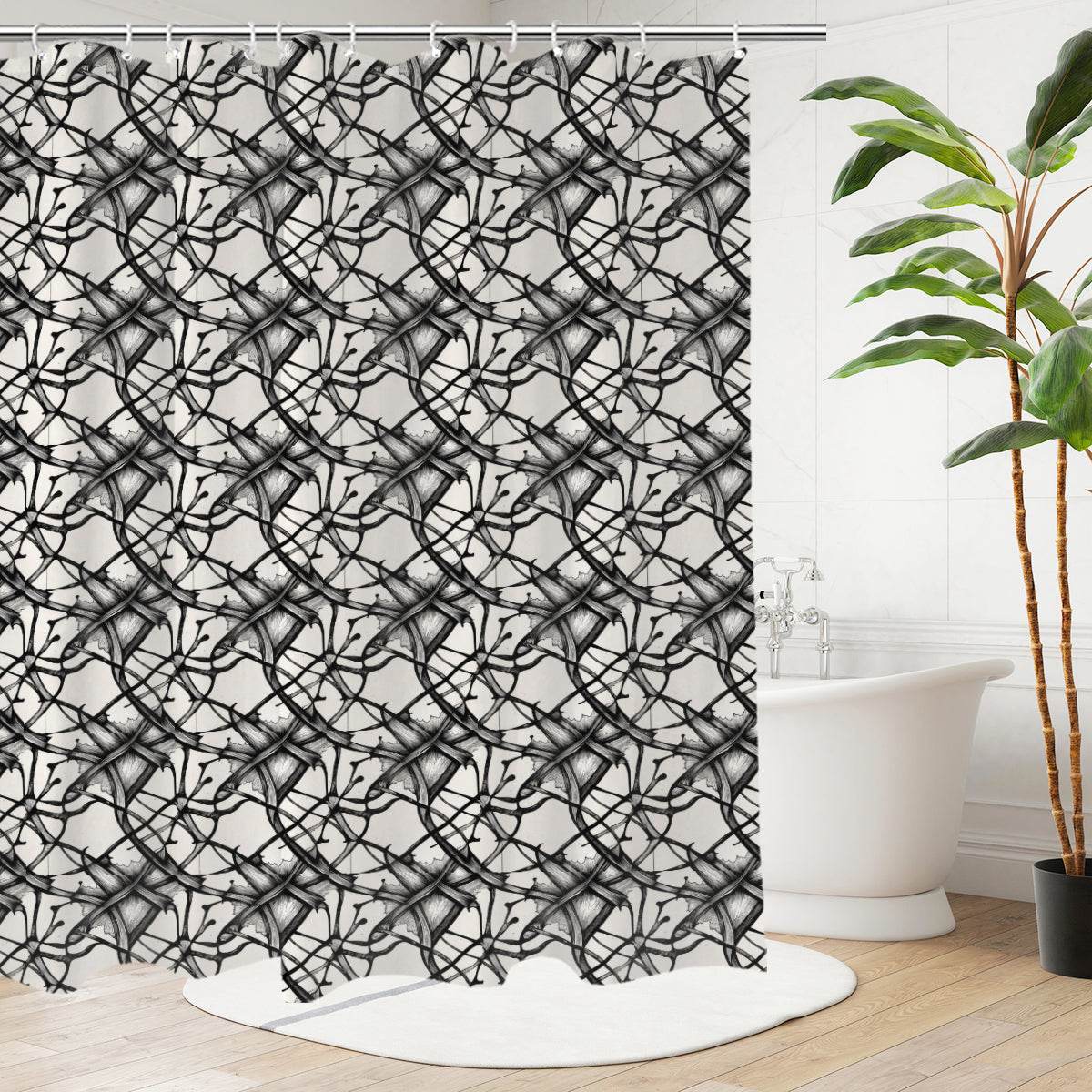 Floral Ink Bathroom Four-Piece Set(Shower Curtain + Toilet Cover Mat + Toilet Foot Mat + Floor Mat)| Polyester - DeRose Seasonal