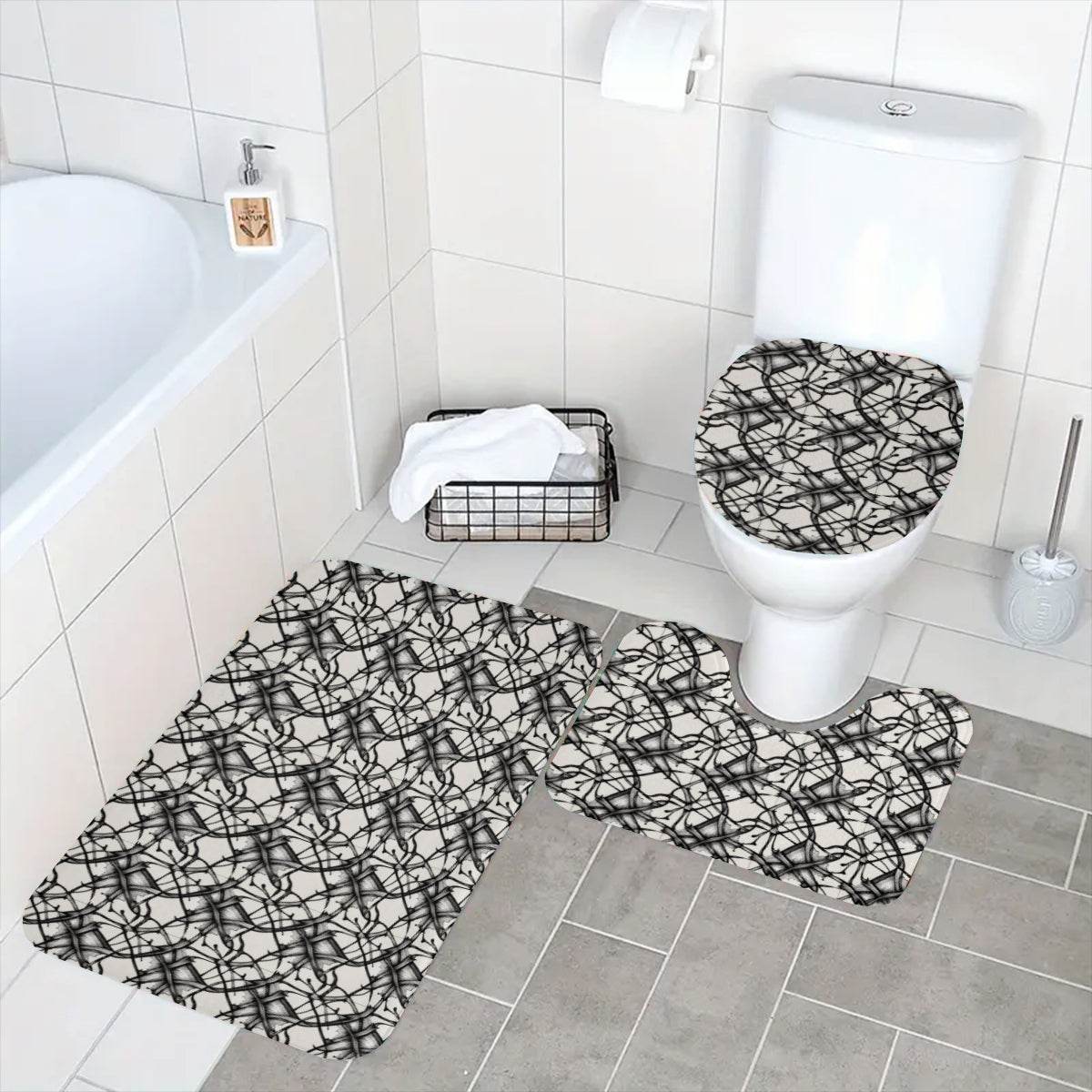 Floral Ink Bathroom Four-Piece Set(Shower Curtain + Toilet Cover Mat + Toilet Foot Mat + Floor Mat)| Polyester - DeRose Seasonal