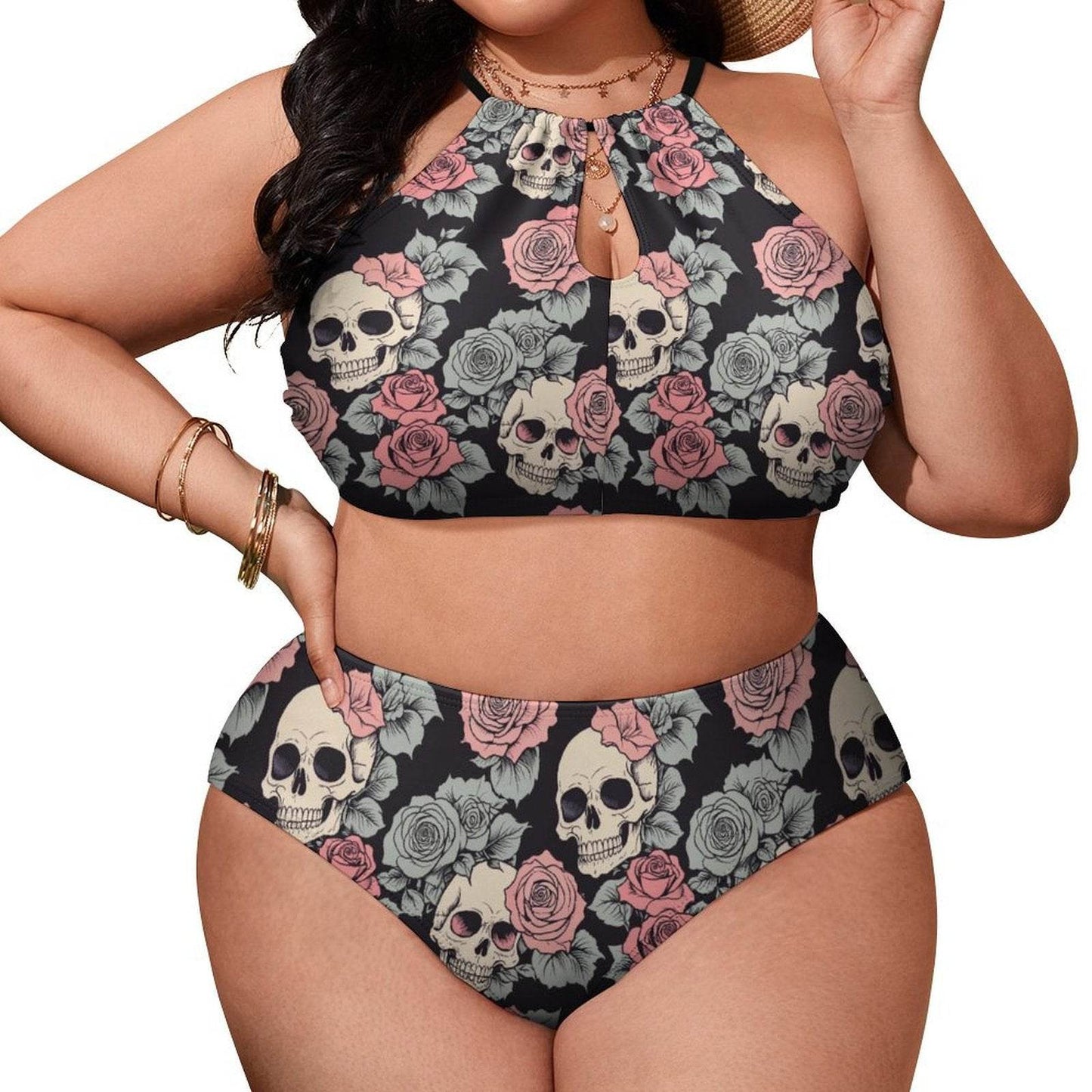 Plus Size Skull and Pink Rose Two-piece Swimsuit - DeRose Seasonal