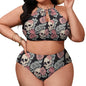 Plus Size Skull and Pink Rose Two-piece Swimsuit - DeRose Seasonal