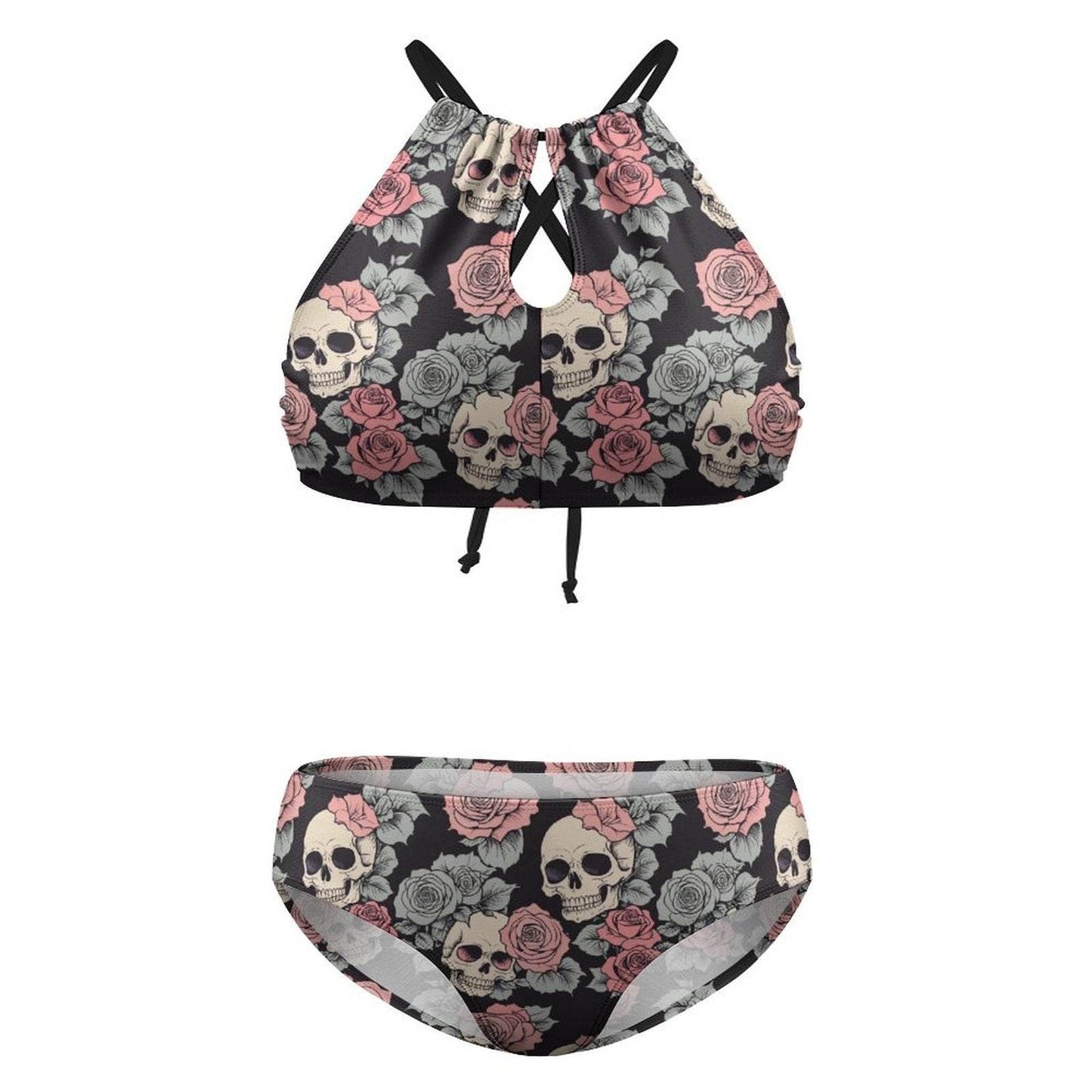 Plus Size Skull and Pink Rose Two-piece Swimsuit - DeRose Seasonal