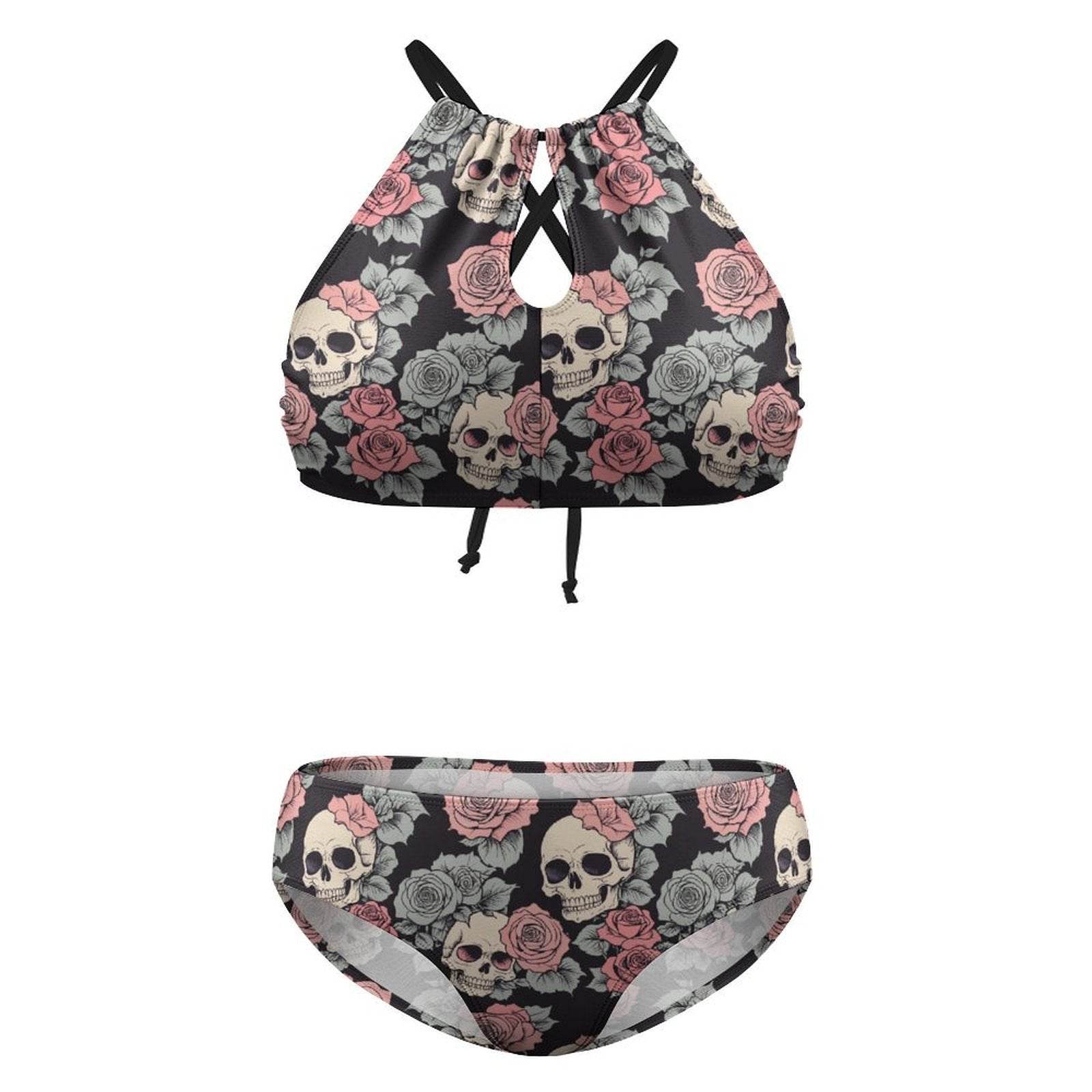 Plus Size Skull and Pink Rose Two-piece Swimsuit - DeRose Seasonal