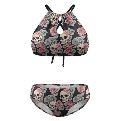 Plus Size Skull and Pink Rose Two-piece Swimsuit - DeRose Seasonal