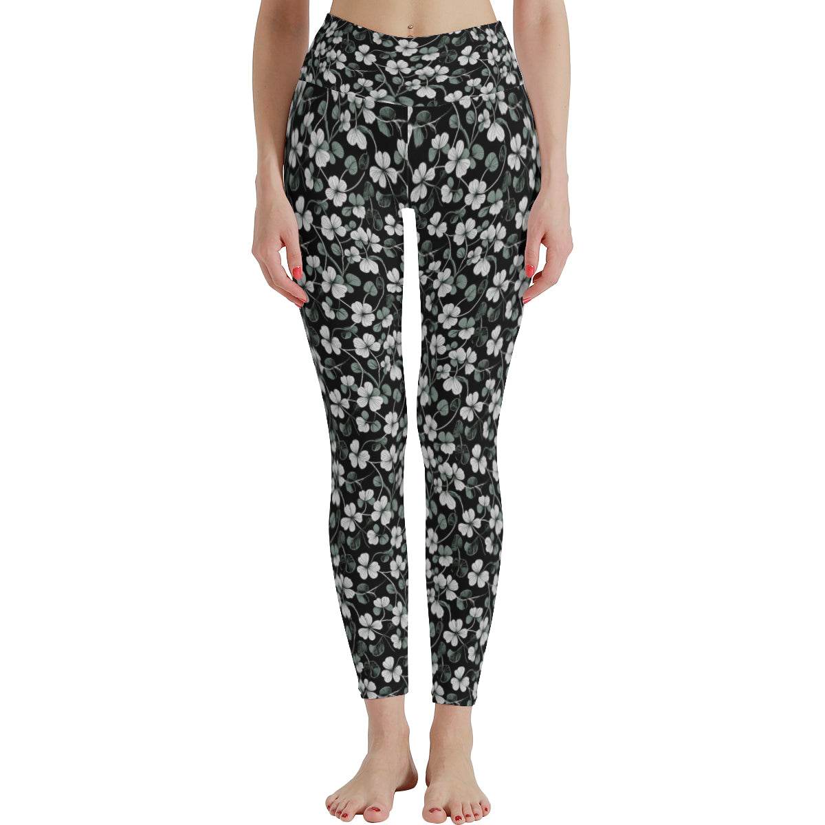 White and Green Clovers Women's Polyester Yoga pants Leggings - DeRose Seasonal