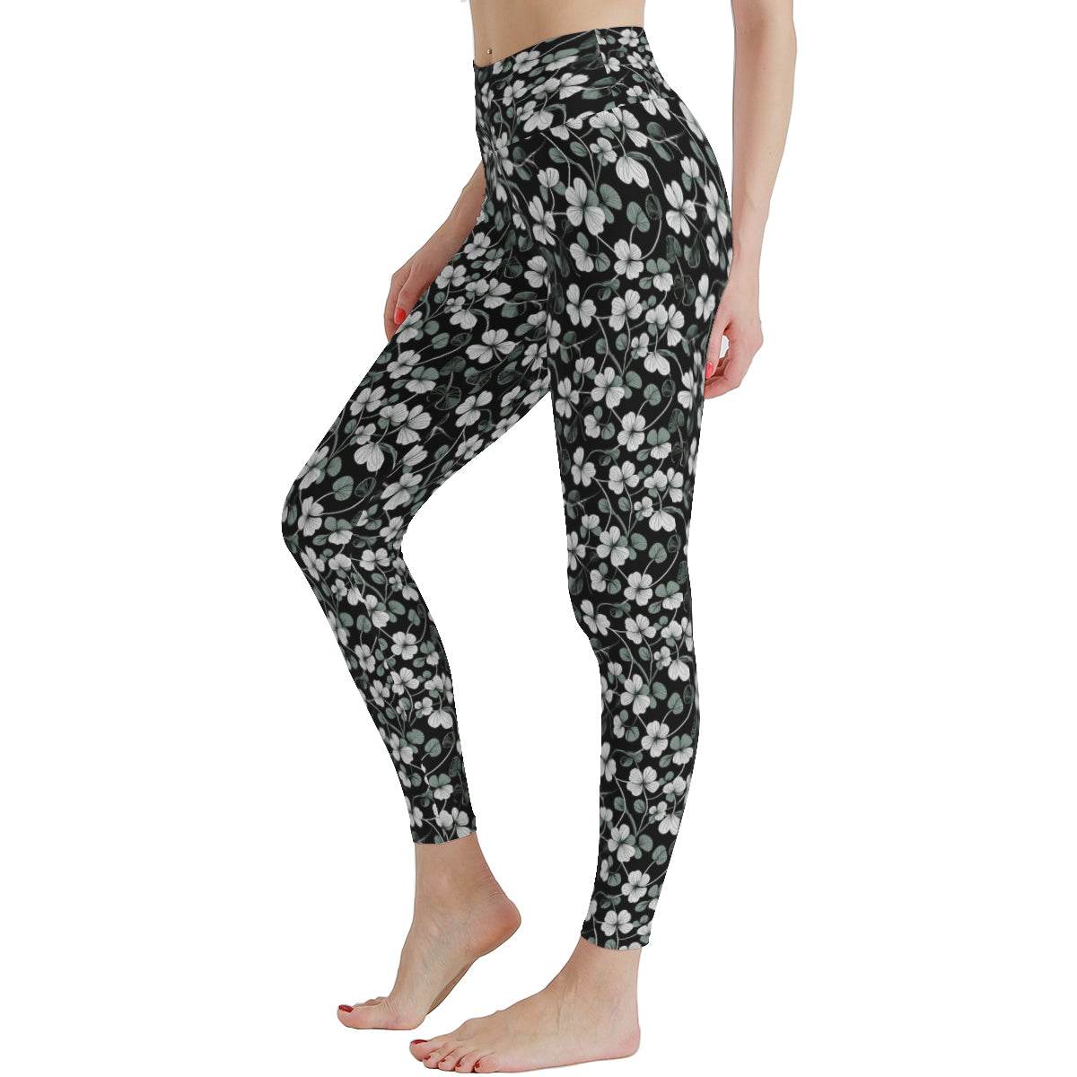 White and Green Clovers Women's Polyester Yoga pants Leggings - DeRose Seasonal