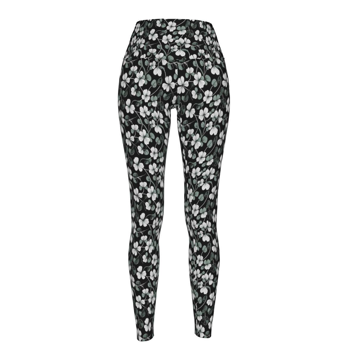 White and Green Clovers Women's Polyester Yoga pants Leggings - DeRose Seasonal
