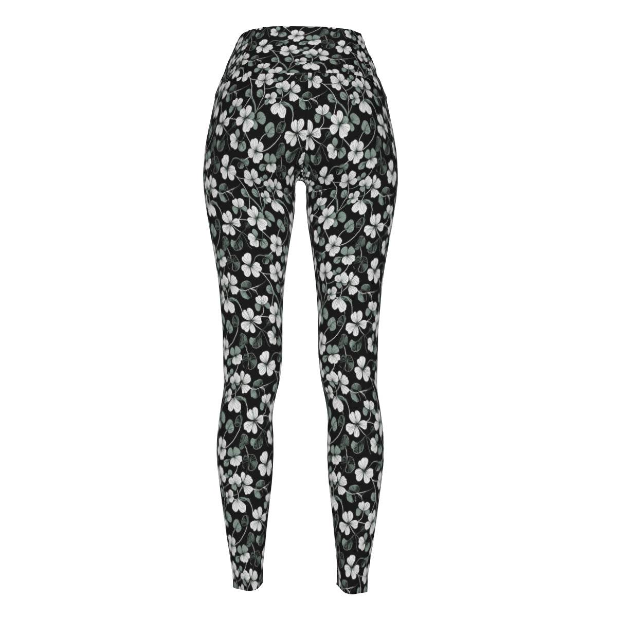 White and Green Clovers Women's Polyester Yoga pants Leggings - DeRose Seasonal
