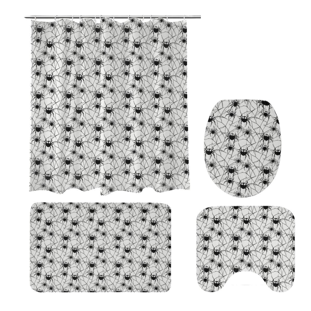 Cute Spiders White and Black Bathroom Four-Piece Set(Shower Curtain + Toilet Cover Mat + Toilet Foot Mat + Floor Mat)| Polyester - DeRose Seasonal