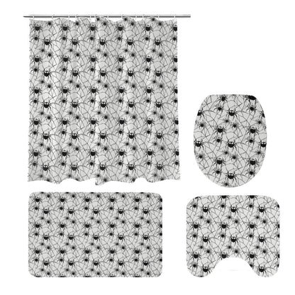 Cute Spiders White and Black Bathroom Four-Piece Set(Shower Curtain + Toilet Cover Mat + Toilet Foot Mat + Floor Mat)| Polyester - DeRose Seasonal