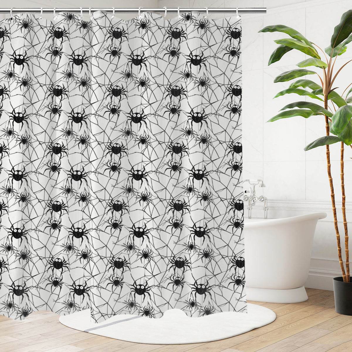 Cute Spiders White and Black Bathroom Four-Piece Set(Shower Curtain + Toilet Cover Mat + Toilet Foot Mat + Floor Mat)| Polyester - DeRose Seasonal