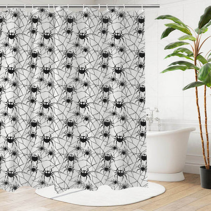 Cute Spiders White and Black Bathroom Four-Piece Set(Shower Curtain + Toilet Cover Mat + Toilet Foot Mat + Floor Mat)| Polyester - DeRose Seasonal