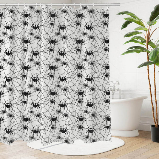 Cute Spiders White and Black Bathroom Four-Piece Set(Shower Curtain + Toilet Cover Mat + Toilet Foot Mat + Floor Mat)| Polyester - DeRose Seasonal