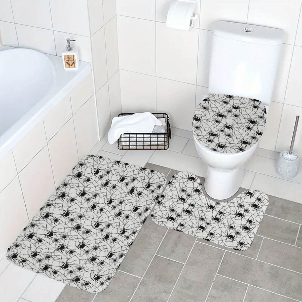 Cute Spiders White and Black Bathroom Four-Piece Set(Shower Curtain + Toilet Cover Mat + Toilet Foot Mat + Floor Mat)| Polyester - DeRose Seasonal